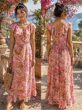 London Times Pink Floral Ruffle V-Neck Maxi Dress